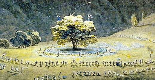 Illustrazione fantasy di una danza rituale notturna attorno a un grande albero di noci luminoso dalle foglie dorate - Fantasy illustration of a nighttime ritual dance around a large glowing walnut tree with golden leaves.