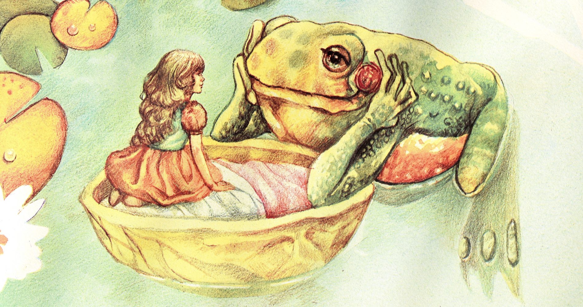 Illustrazione di una bambina seduta in un guscio di noce che osserva un rospo in uno stagno - Illustration of a little girl sitting in a walnut shell watching a toad in a pond