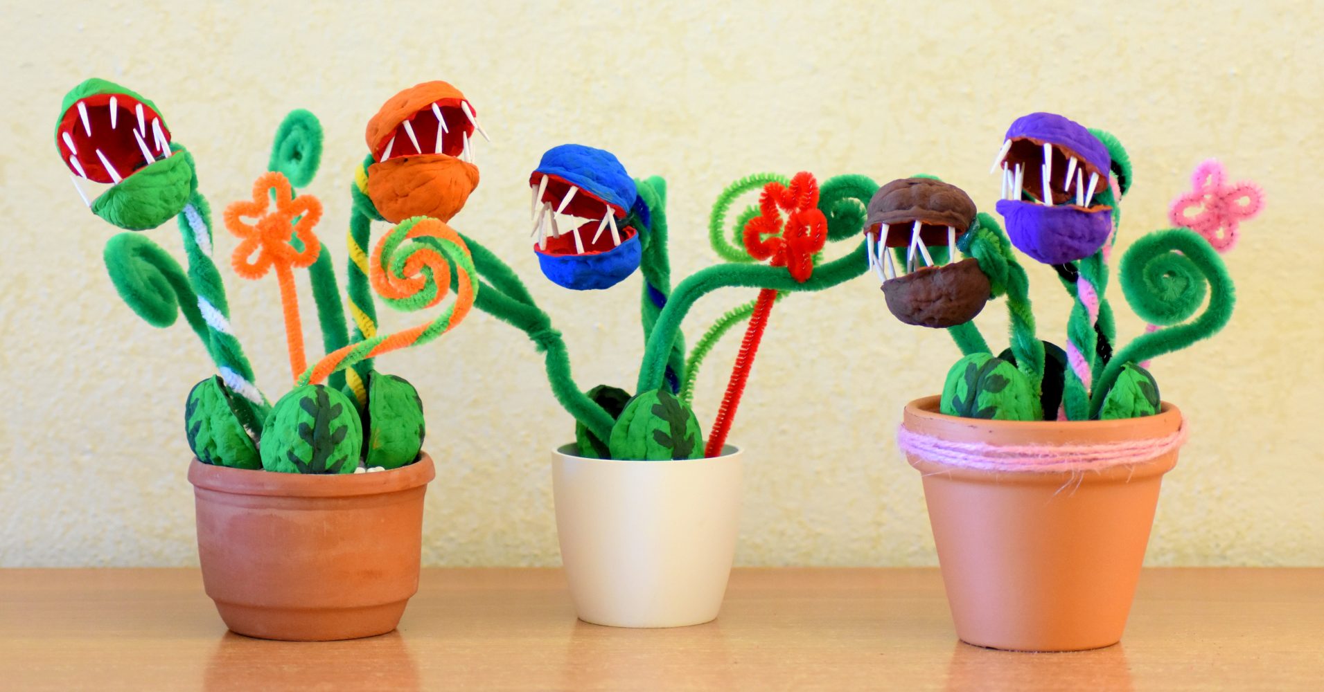 Tre vasetti con piante carnivore artigianali colorate, realizzate con gusci di noce e scovolini da pipa su uno sfondo neutro - Three small jars with colorful handmade carnivorous plants, made from walnut shells and pipe cleaners, set against a neutral background