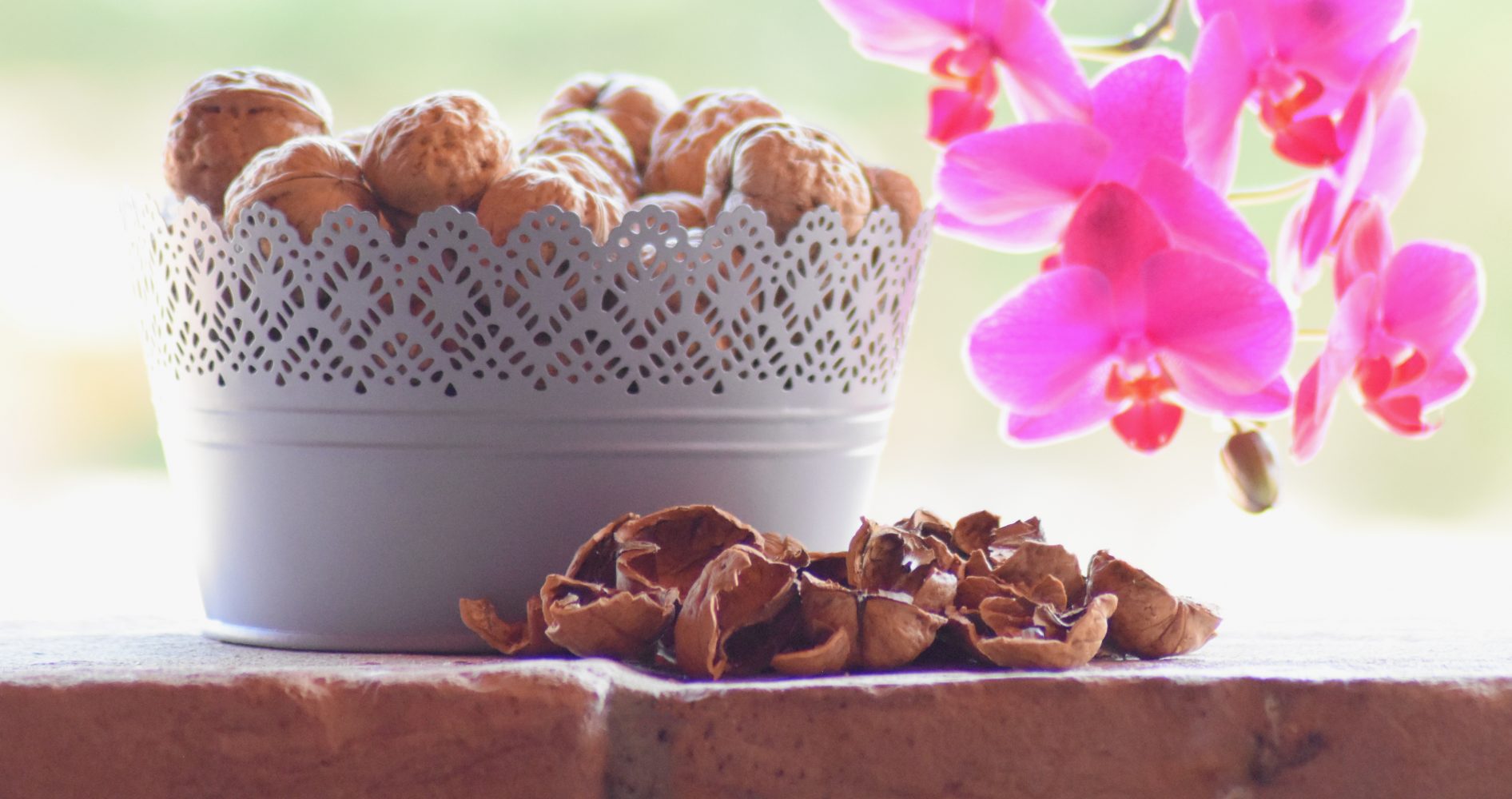 Una ciotola decorativa colma di noci intere, affiancata da gusci spezzati in primo piano e un’orchidea rosa sullo sfondo - A decorative bowl filled with whole walnuts, with cracked shells in the foreground and a pink orchid in the background