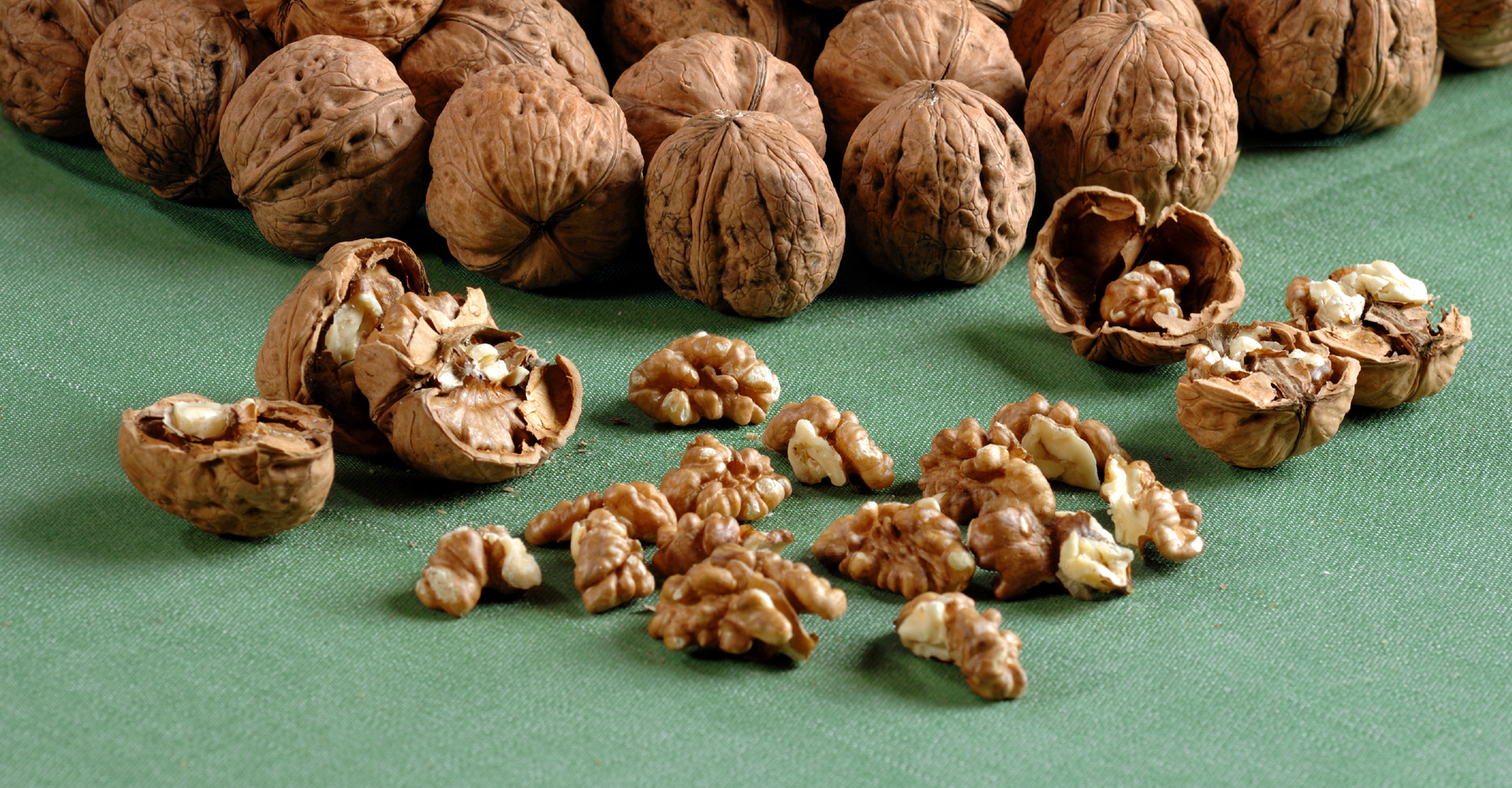Noci intere nello sfondo e gherigli sgusciati in primo piano su un telo verde | Whole walnuts in the background and shelled walnut kernels in the foreground on a green cloth