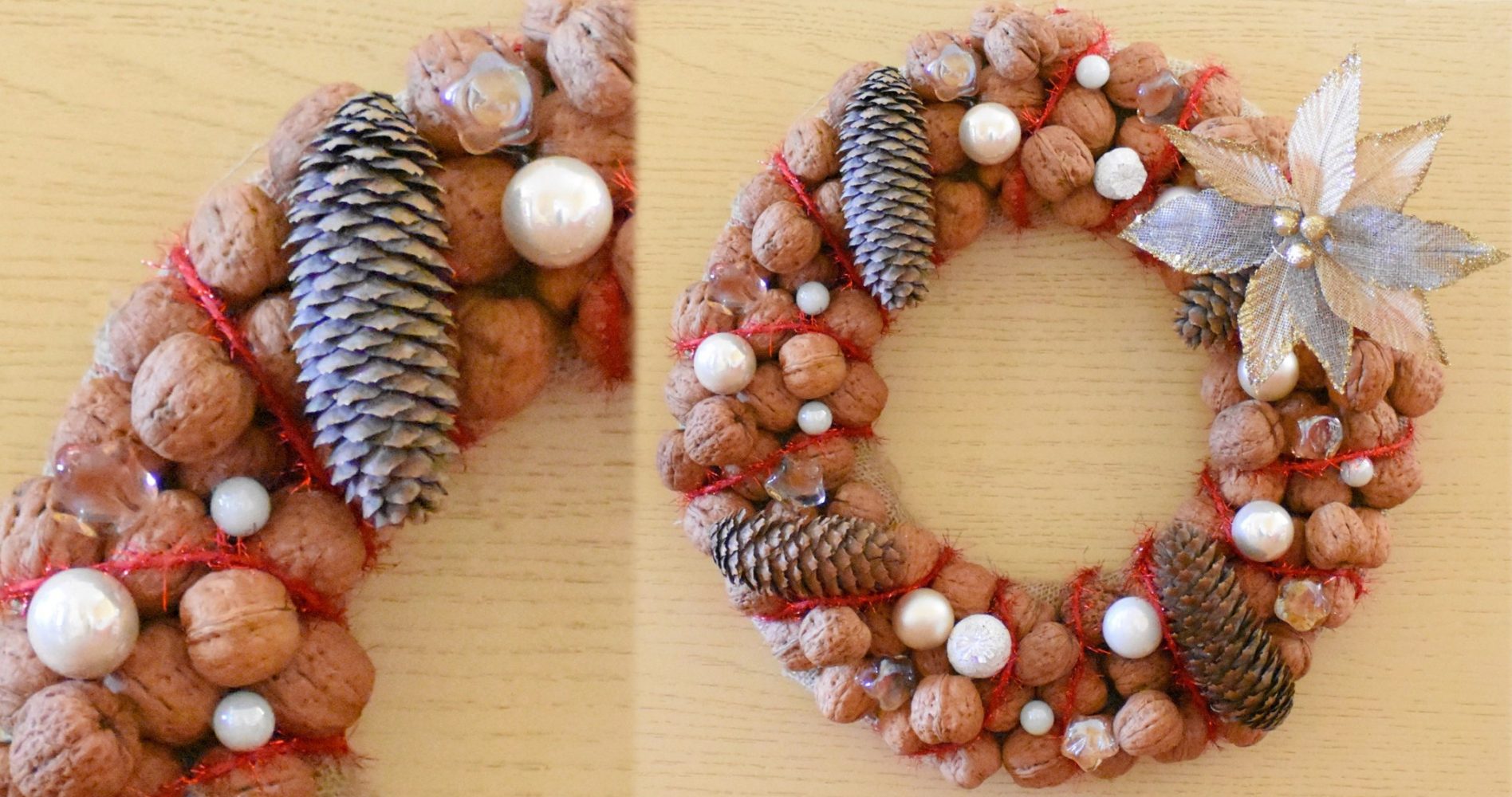 Ghirlanda natalizia artigianale realizzata con noci, pigne, perle bianche e una stella decorativa dorata - Handmade Christmas wreath made with walnuts, pinecones, white beads, and a decorative golden star