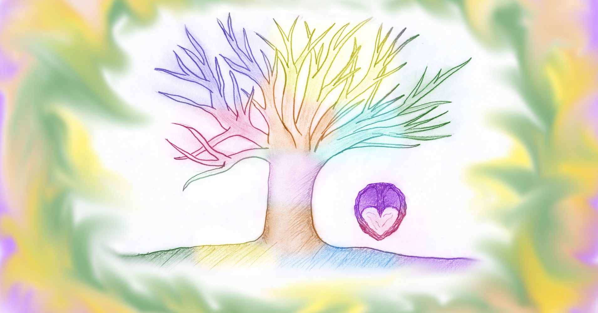 Illustrazione colorata di un albero arcobaleno con una noce a forma di cuore su uno sfondo bianco | Colorful illustration of a rainbow tree with a heart-shaped walnut on a white background