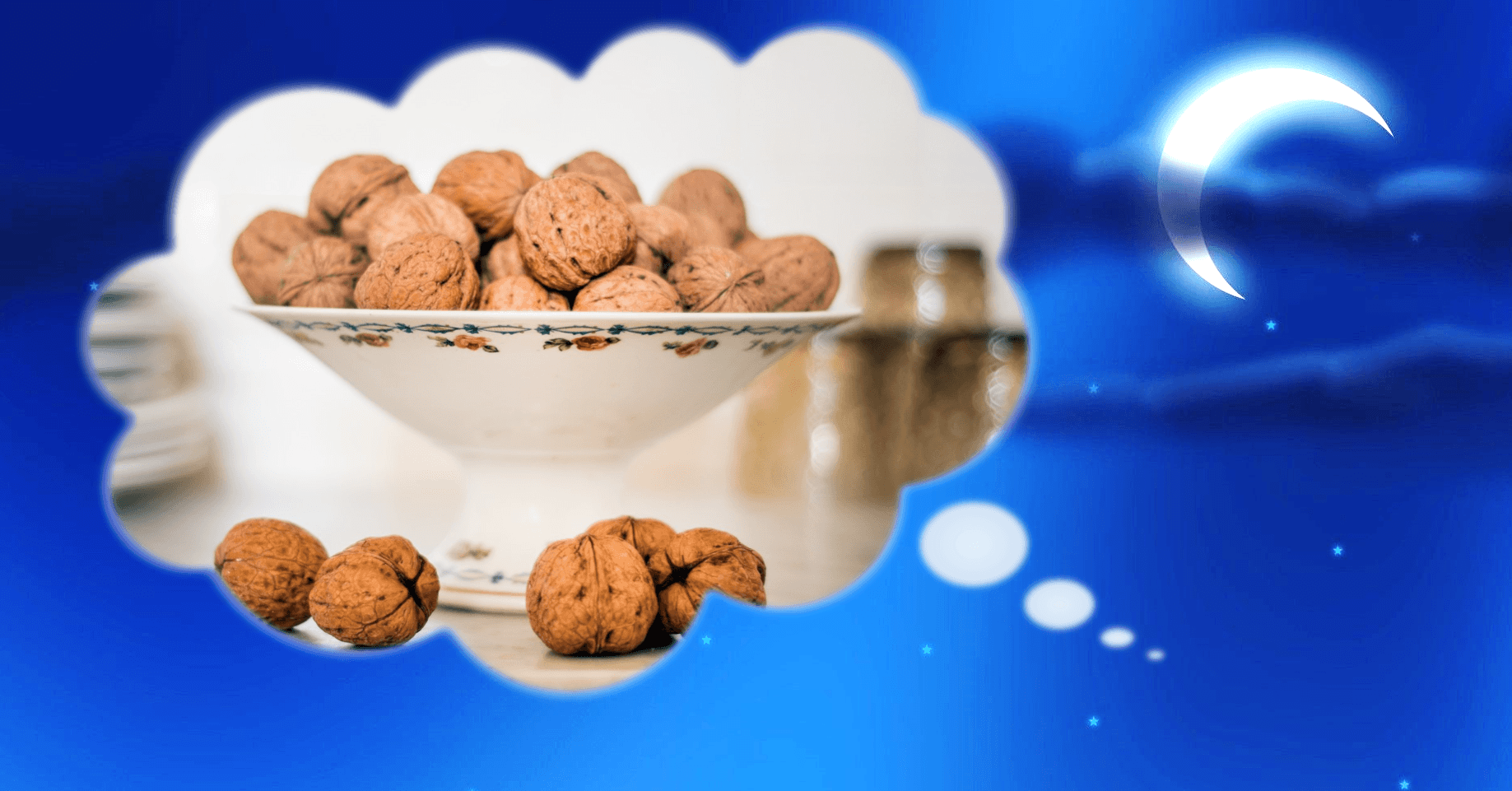 illustrazione che raffigura il sogno di una ciotola piena di noci su uno sfondo blu - Illustration depicting the dream of a bowl full of walnuts on a blue background